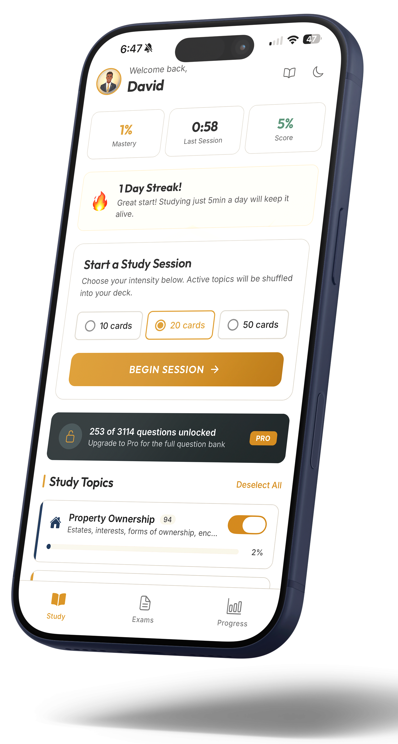 RealtyReady app — study dashboard with streak tracking and session launcher